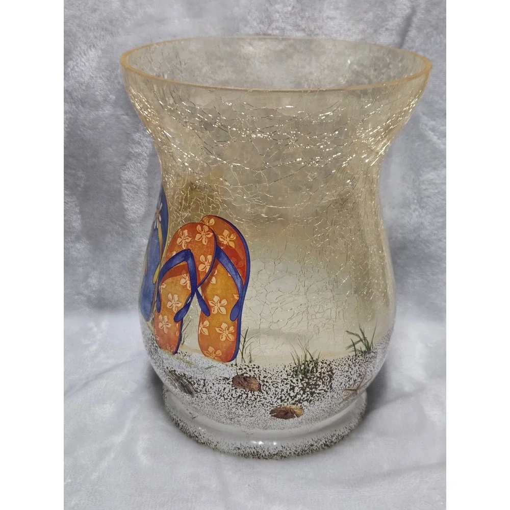 Boscovs Crackled Glass Beach Flip Flops Hurricane Candle Holder Vase V3840BV